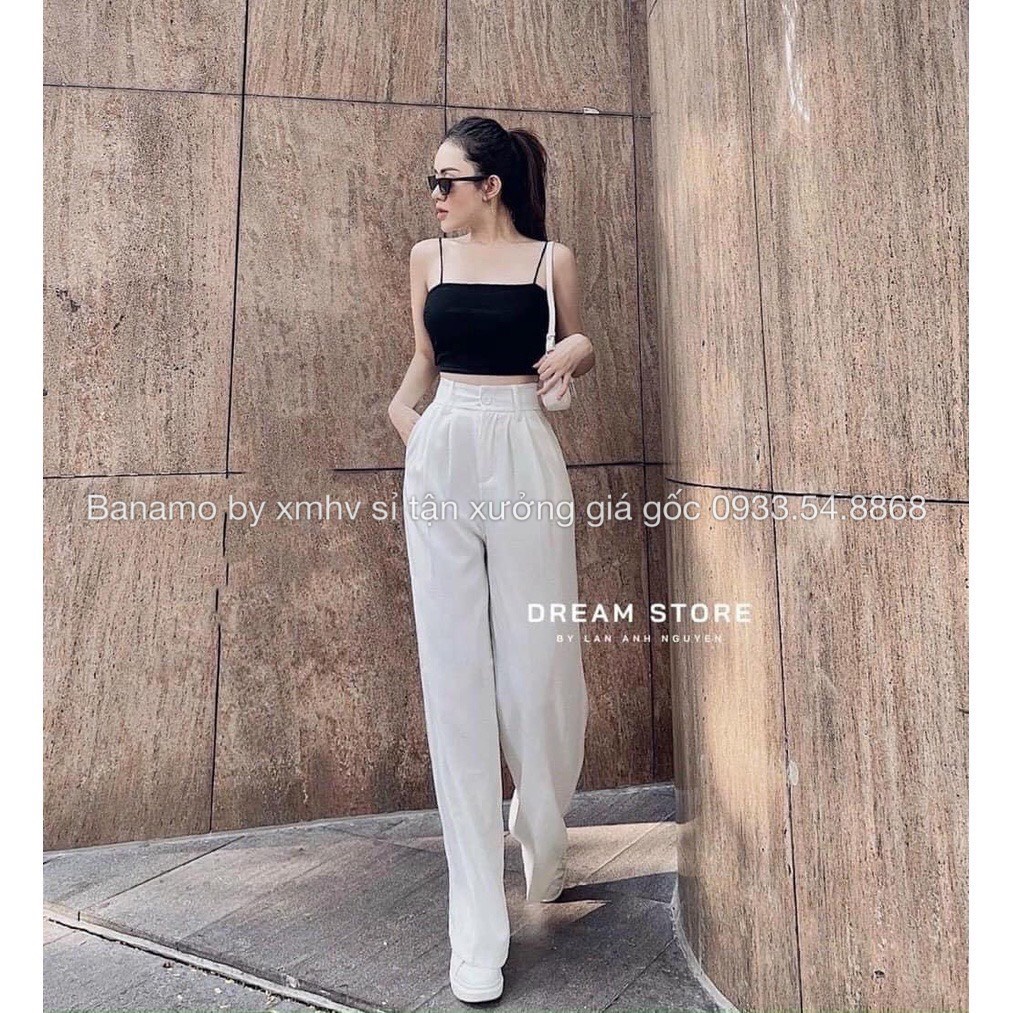 Quần ống rộng suông lưng cao khóa trước 1 khuy vải tuyết mưa thời trang Banamo Fashion 933