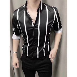 Áo sơ mi nam kẻ sọc màu đen - Aru Shop