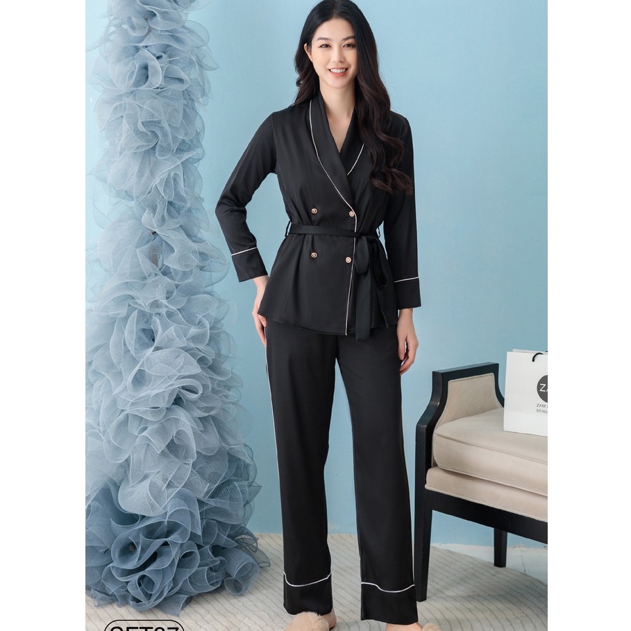 Bộ mặc nhà satin ZAM Luxury - SET07 - áo dài tay quần dài đen trơn
