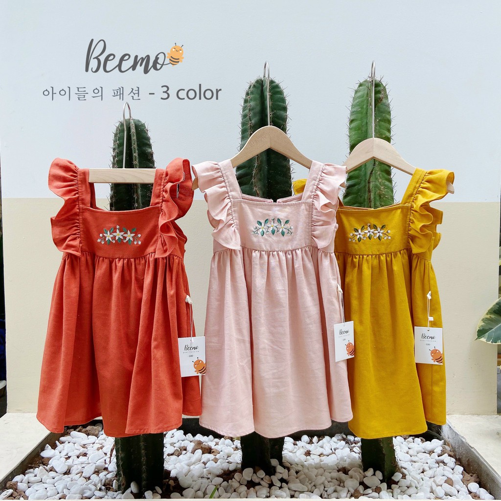 Váy cho bé gái Beemo - Chất liệu linen mềm mịn, thoáng mát, thiết kế tay váy cánh tiên điệu đà B048