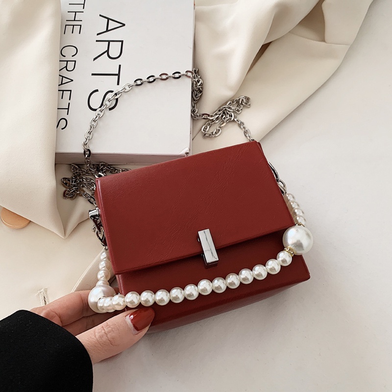 Túi Xách Đeo Vai Hình Vuông Nhỏ Cầm Tay Đính Ngọc Trai Đơn Giản Cho Nữ