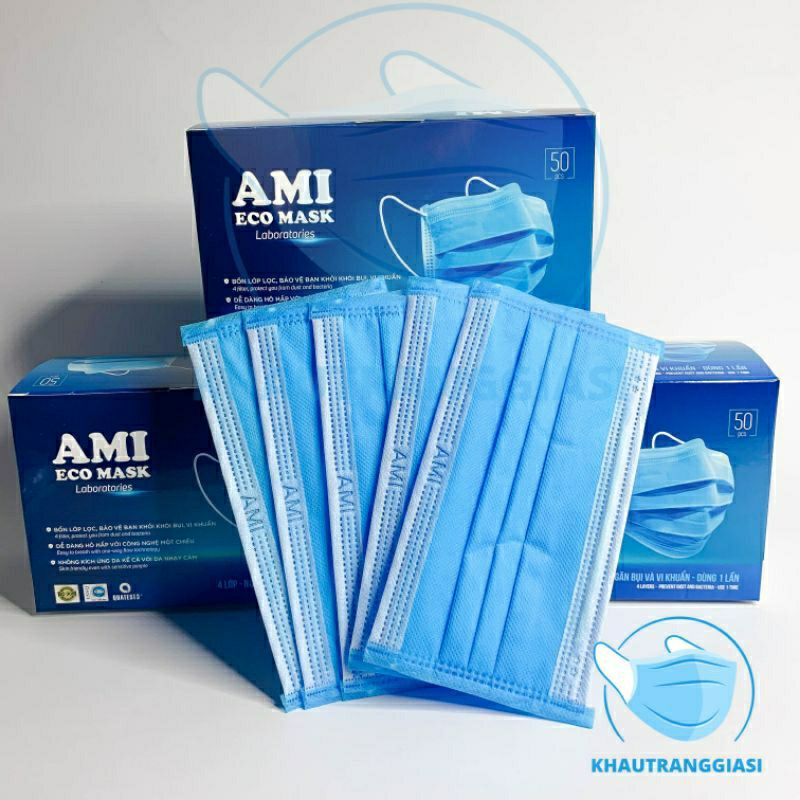 (Sale hot) Khẩu trang AMI 4 lớp màu xanh hộp 50 chiếc