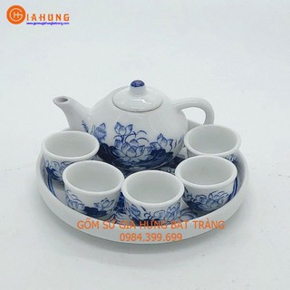 Bộ ấm chén thờ cúng men trắng vẽ sen gốm sứ Gia Hưng Bát Tràng