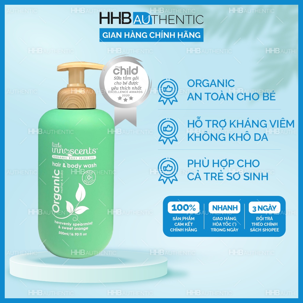 Sữa Tắm Gội Toàn Thân Hữu cơ cho bé Úc Little Innoscents Organic Hương Cam &amp; Bạc hà - Xuất xứ Úc