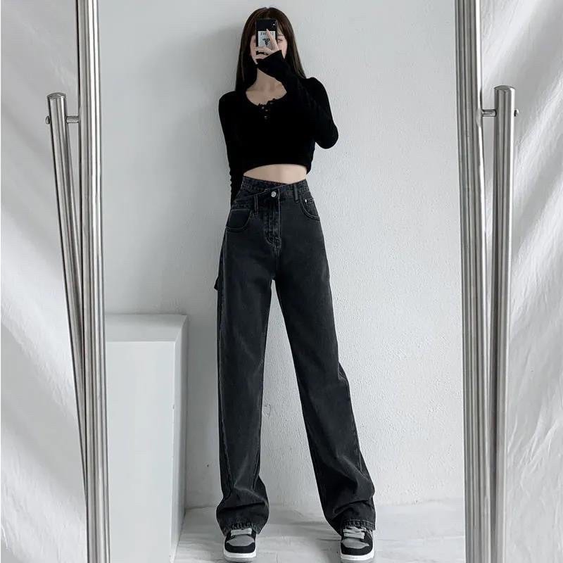 quần jean nữ ống rộng cạp cao dáng suông 1 cúc cạp lệch cá tính , quần bò cullotes unlazang hách dáng Hàn Quốc | WebRaoVat - webraovat.net.vn