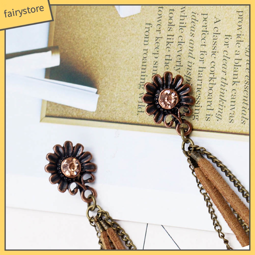 Khuyên Tai Dáng Dài Hình Hoa Hướng Dương Phối Tua Rua Phong Cách Boho