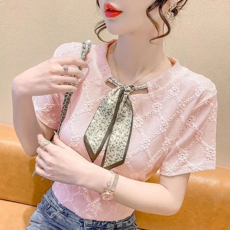 Áo Thun Tay Ngắn Phối Ren Thắt Nơ Thời Trang Mùa Hè 2023 Phong Cách Mới Cho Nữ