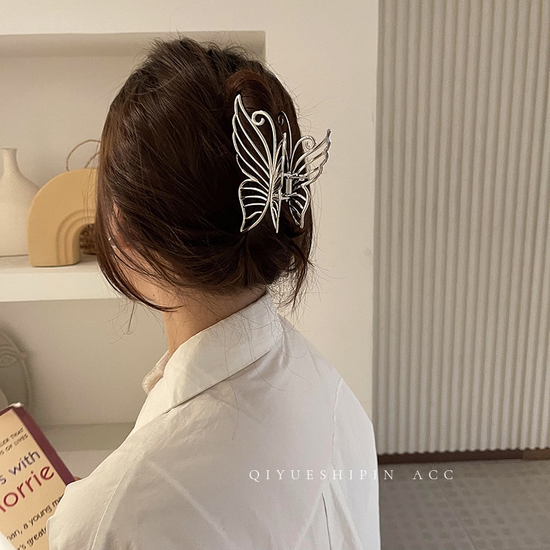 Kẹp Tóc Kim Loại Màu Bạc Hình Bướm Lưng Phong Cách Hàn Quốc