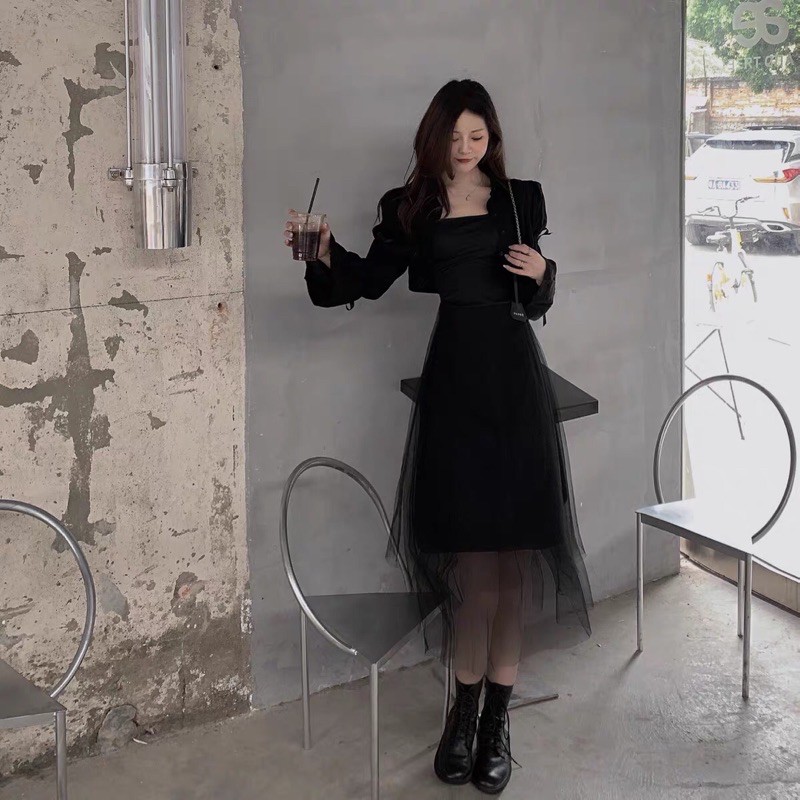 ULZZANG Set váy hai dây đen ulzzang CÁ TÍNH hot TIKTOK 2021