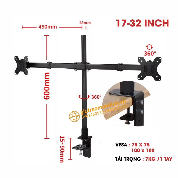 Giá Treo Màn Hình 17-32Inch  - Giá Treo 2 Màn Hình Trụ 40-60Cm - Tải Trong 8Kg - Xoay Màn 360 Độ