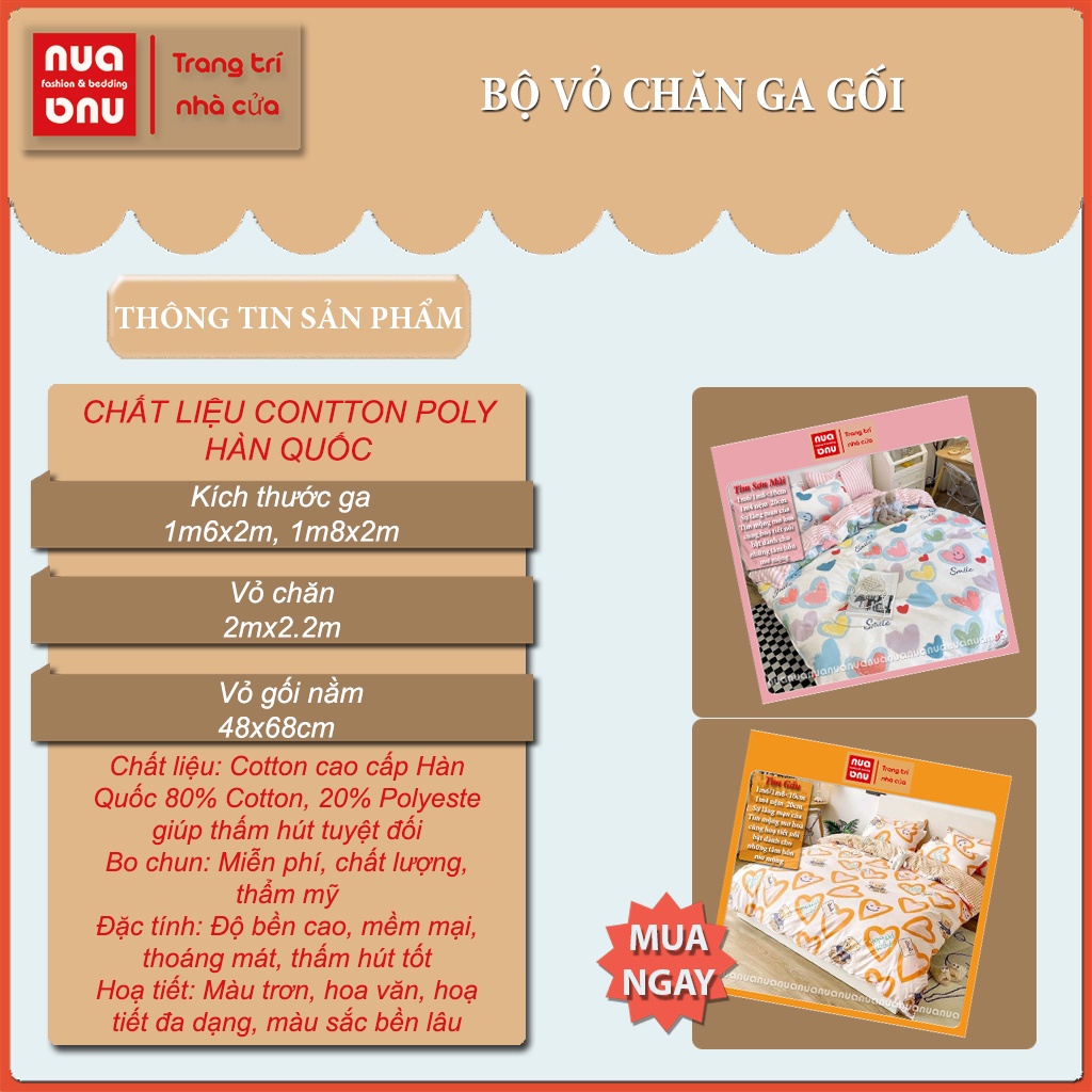 Bộ ga giường cotton poly vỏ chăn gối bọc đệm nệm lồng ruột chăn họa tiết trái tim tâm hồn mộng mơ trang trí giường ngủ