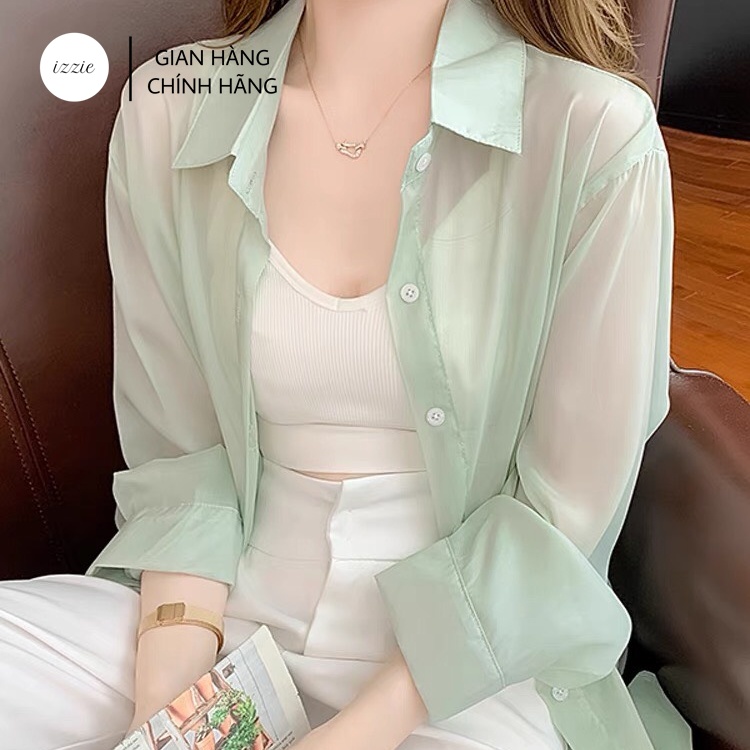Áo sơ mi khoác ngoài Izzie ASM124, chất voan mềm mịn, freesize dễ mặc, có thể buộc eo, biến hóa nhiều phong cách
