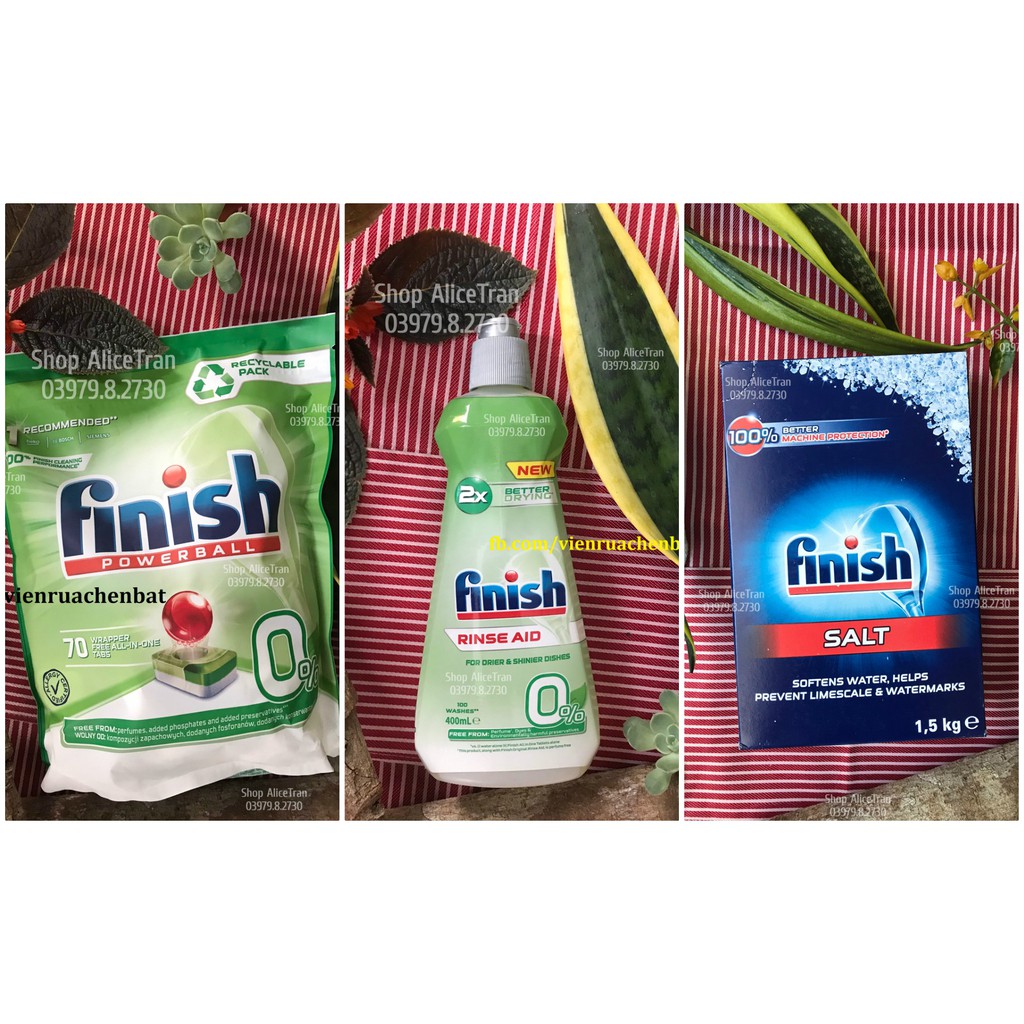 Combo: Viên rửa chén bát 70 viên + bóng 400ml - Finish Eco 0% + Muối Finish 1,5 kg