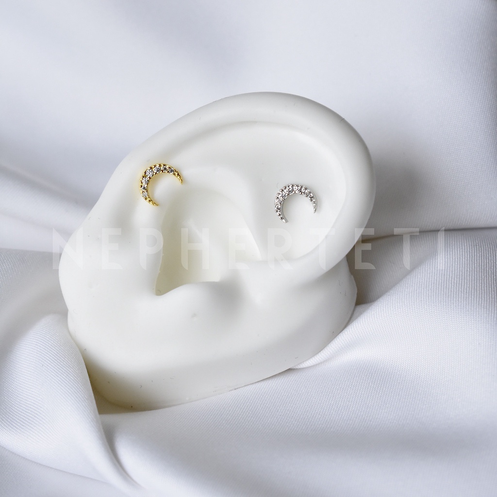 Khuyên tai bạc 925 mini - Mặt trăng đá chốt bi vặn  - Nepherteti