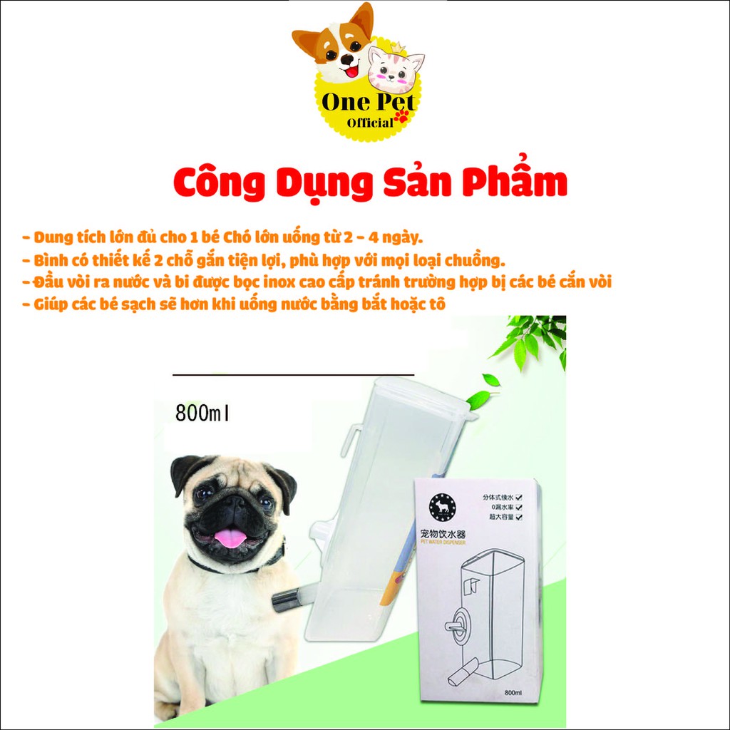 Bình nước tự động cho Chó 800ml, Bình nước tự động size lớn treo chuồng Chó Mèo - One Pet Shop