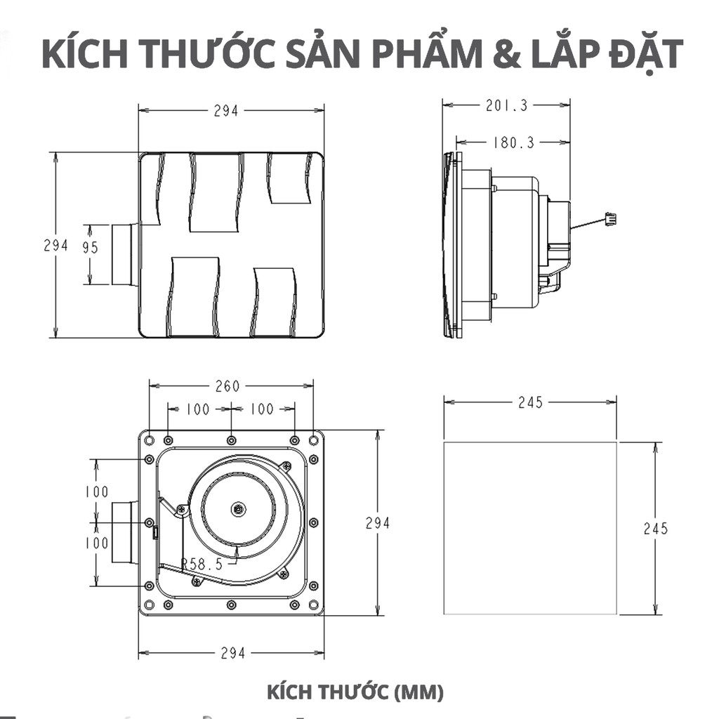 Quạt Hút Mùi WHIFA Âm Trần VDD-15CK  Màu Trắng - Quạt Hút Thông Gió Có Ống Nối