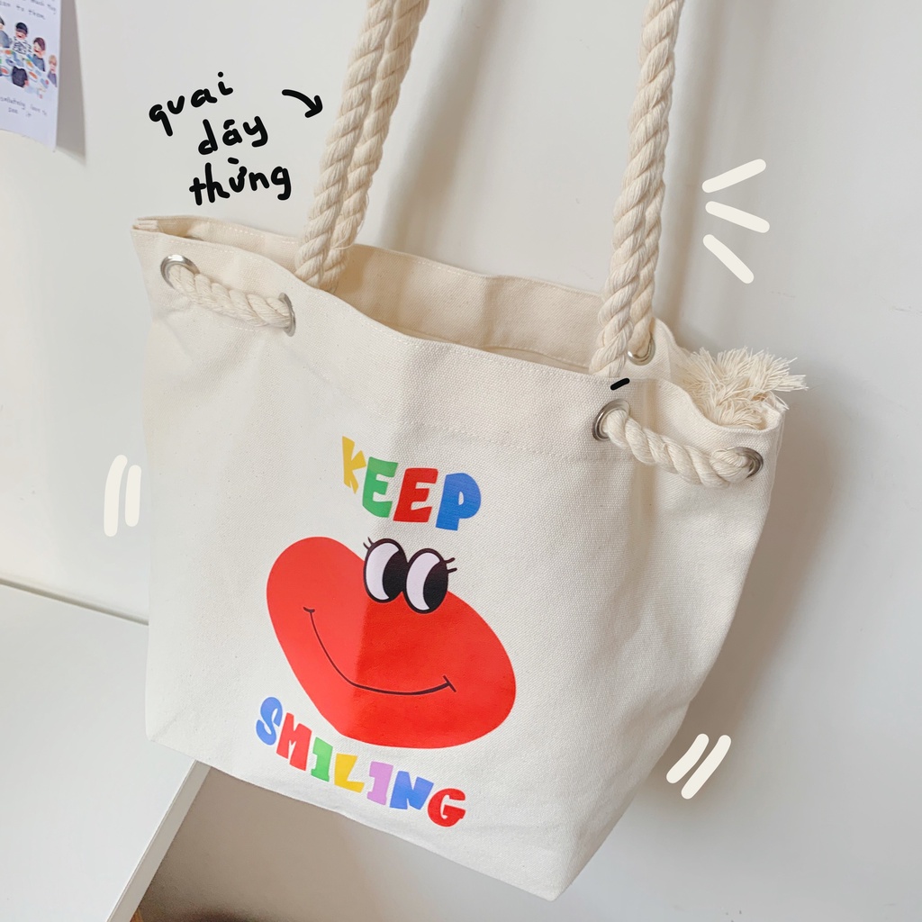 (TẶNG KÈM DEAL SHOCK ECOBAG 31K ) TÚI TOTE VẢI CANVAS QUAI DÂY THỪNG CÓ IN HÌNH KEEP SMILING