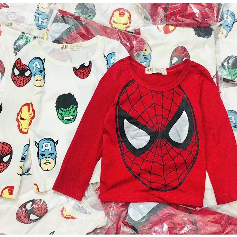 Áo thun dài tay bé trai - Set 2 áo cotton dài tay Spiderman Hm cho bé trai 2-10t