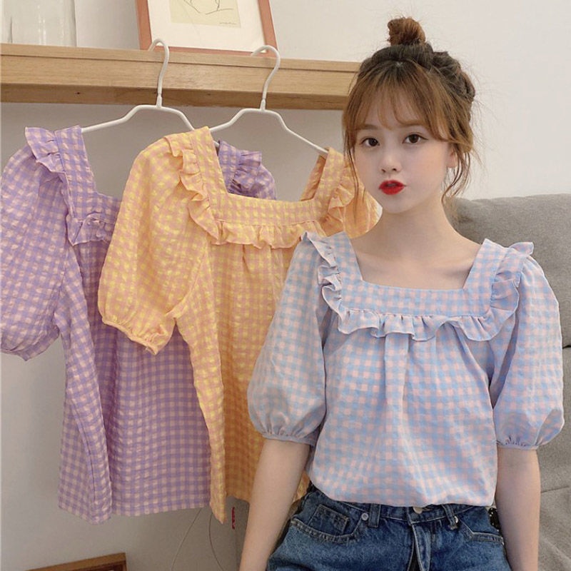 Áo sơ mi tay phồng ngắn cổ lá sen dáng rộng sọc caro phong cách Hàn Quốc thời trang mùa hè mới cho nữ 2021