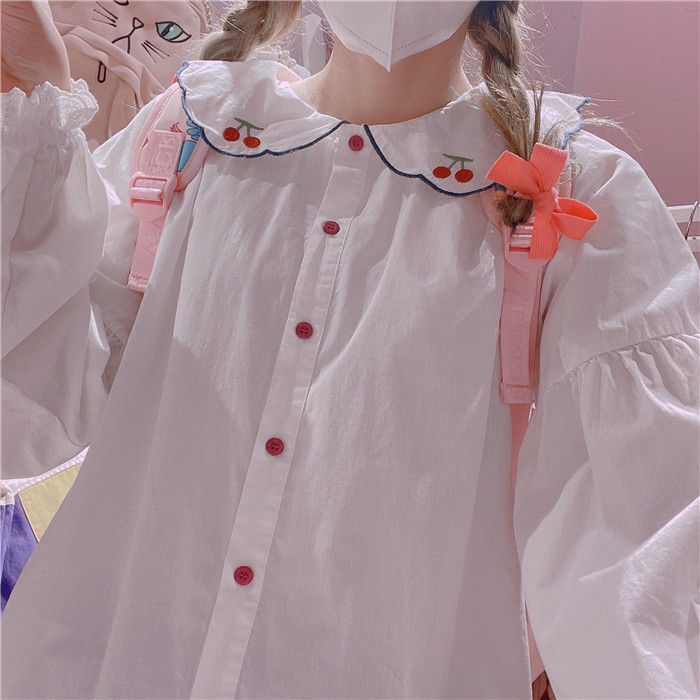 Áo Sơ Mi Tay Dài Dáng Rộng Thêu Hình Quả Cherry Thiết Kế Mới Thời Trang Dành Cho Nữ