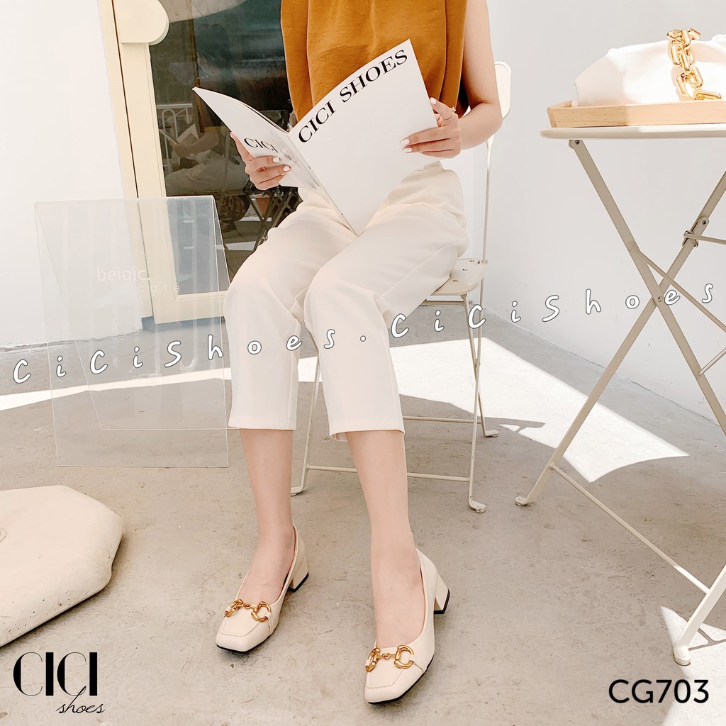 Giày cao gót nữ CiCi Shoes 3cm gót vuông, giầy da mũi vuông móc xích đồng - CG703