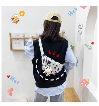 Túi vải canvas đeo chéo/đeo thắt lưng họa tiết bò sữa phối dây kéo xinh xắn cho nữ