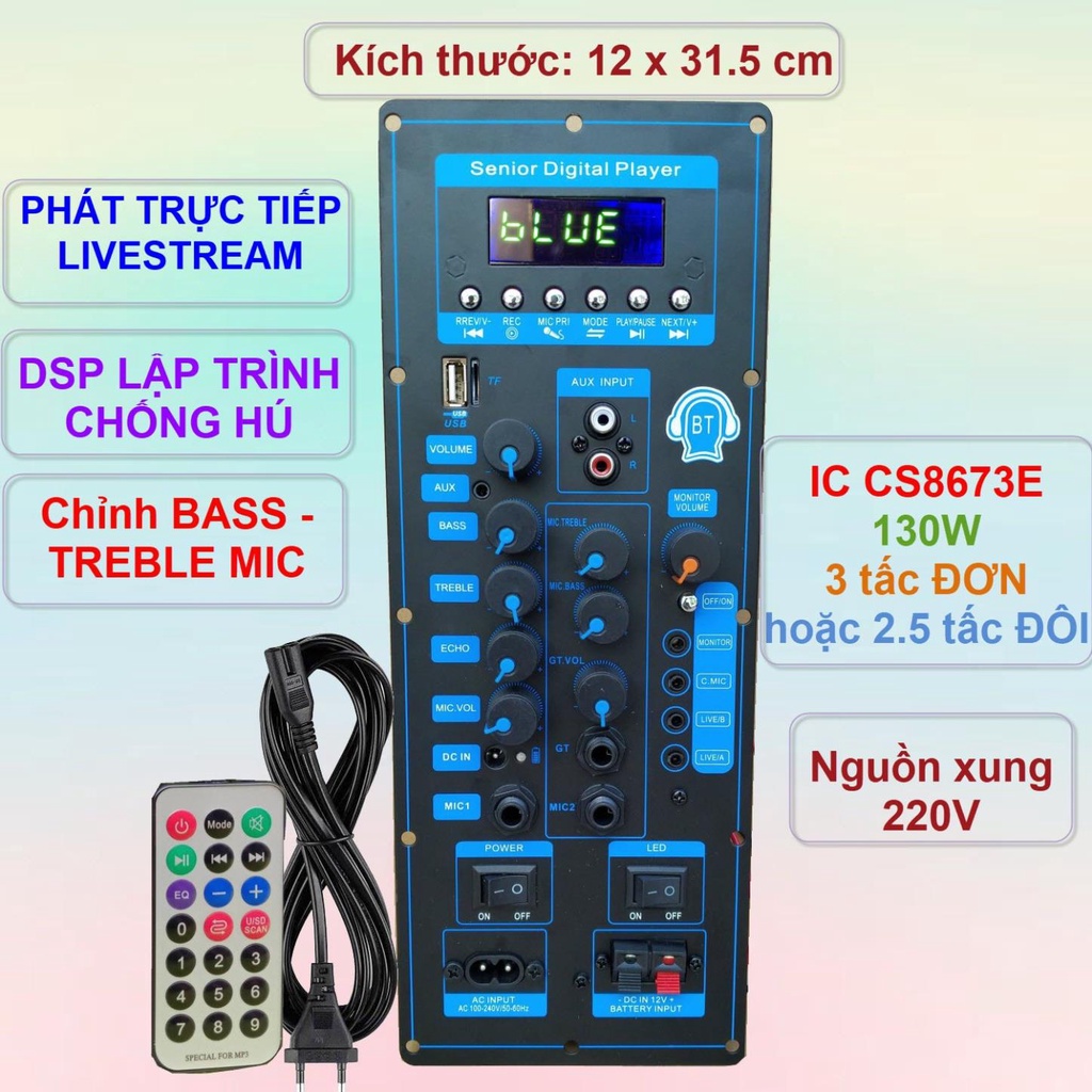 Mạch loa kéo CS8673E 130W LIVESTREAM - DSP lập trình chống hú, chỉnh Bass Treble Micro, nguồn xung 220V