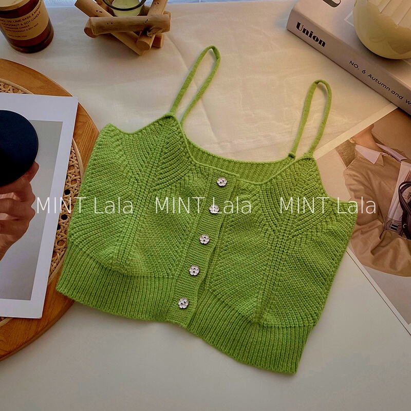 Áo Len Kiểu Croptop 2 Dây Cài Cúc Trước Xinh Xắn - [CÓ SẴN]