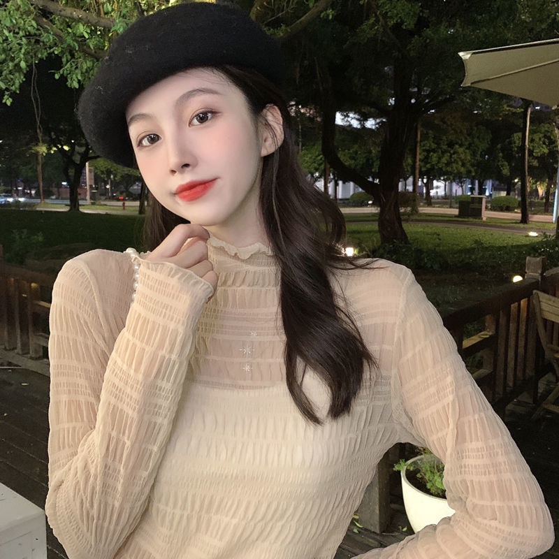 Áo thun tay dài cổ lọ phối ren thời trang xuân thu mới cho nữ 2021