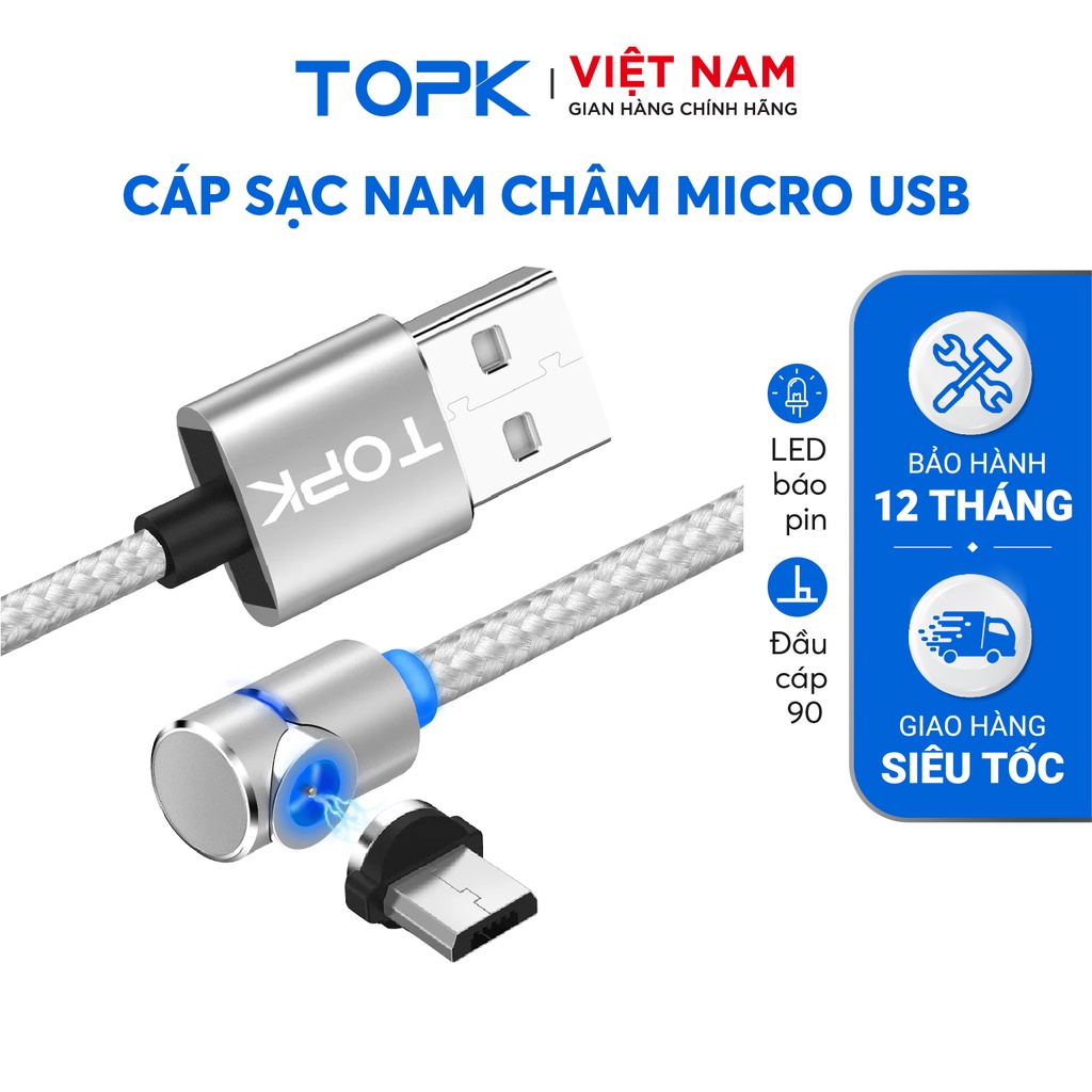 Dây sạc nam châm đầu nối vuông góc TOPK AM30 Đèn LED Hàng chính hãng Bảo hành 12 tháng