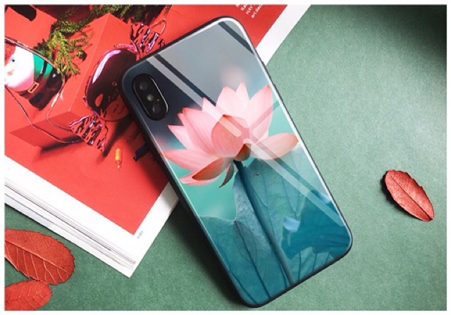 Ốp Lưng Kính Bóng Hoa Sen 13ProMax 12ProMax 11ProMax XSMAX X XS 7Plus FUKISHOP