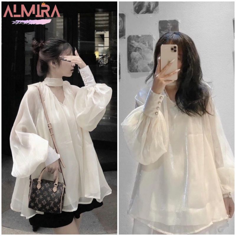 Áo Sơ Mi Bánh Bèo Tơ Óng Cổ Nơ Đen Tay Phồng 2 Lớp Cực Xinh, Áo Tiểu Thư Hottrend