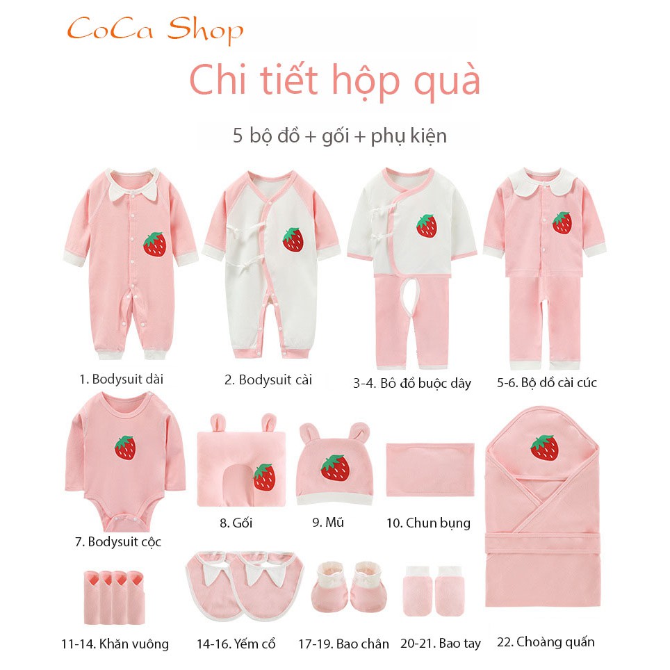 Set quà tặng sơ sinh Dâu Tây mùa hè 22 chi tiết cho bé