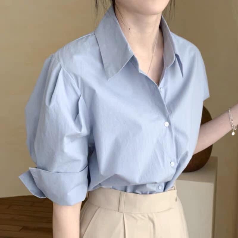 Áo sơ mi trơn tay lật công sở tay bồng cách điệu