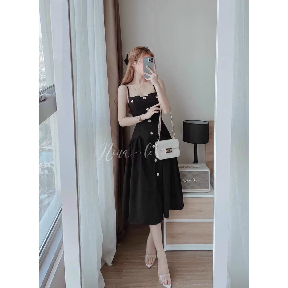 Đầm 2 dây dáng dài phối nút thật ChemMix thiết kế kiểu xòe siêu xinh cho nàng dạo phố, đi biển