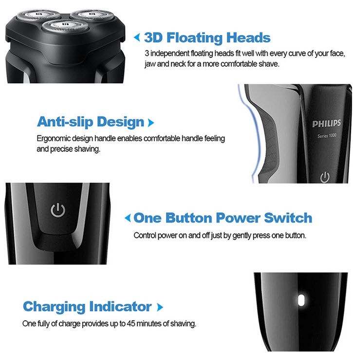 Máy cạo râu cao cấp Philips Shaver series 1000, 3 lưỡi tự mài, cạo khô và cạo ướt - Hàng chính hãng - Bảo hành 2 năm