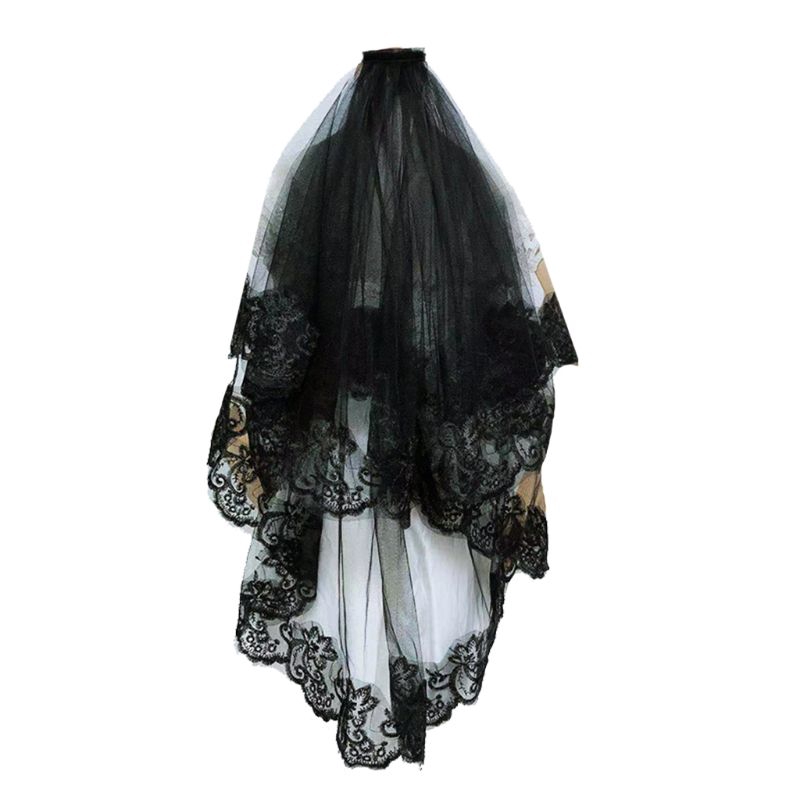 Khăn voan đội đầu màu đen phối ren thêu dùng để hóa trang halloween