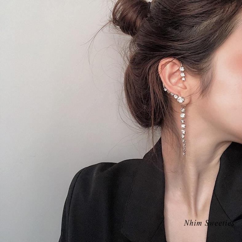 Khuyên tai bạc nữ Nhím Sweeties đính đá, bông tai dáng dài hàn quốc