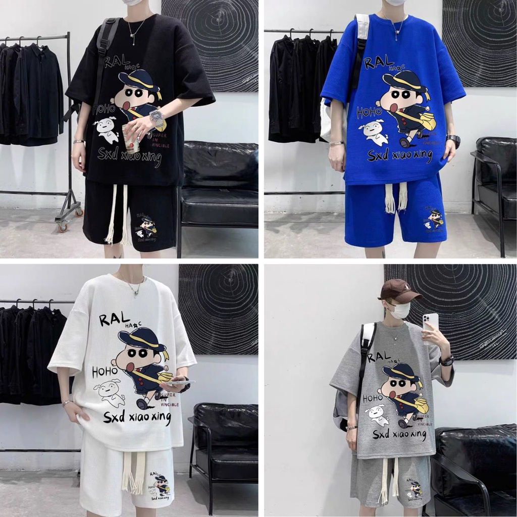 Set đồ nam nữ form rộng unisex, áo phông cổ tròn kèm quần short đùi in hình Shin chất liệu tổ ong đủ màu