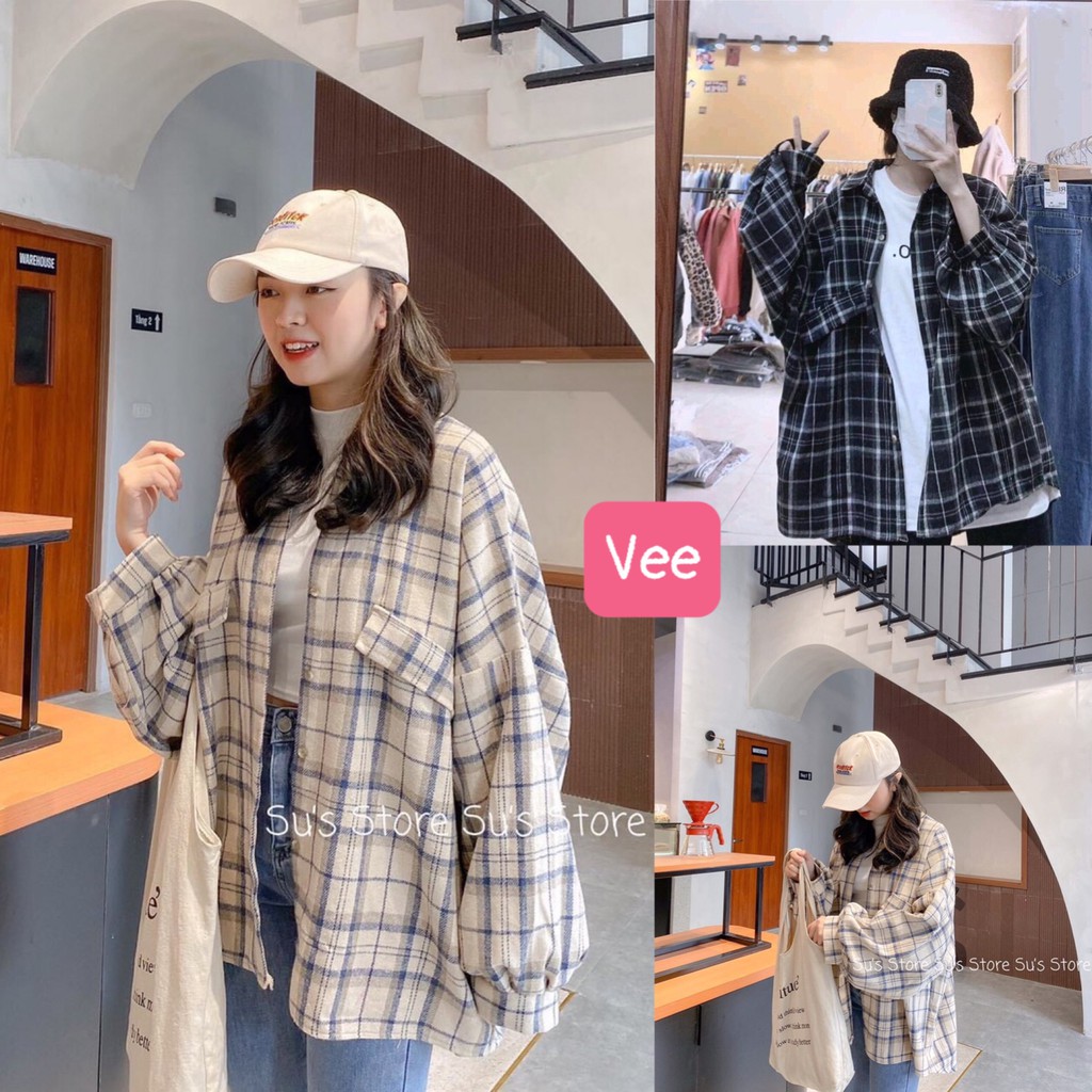 Áo sơ mi hàn quốc kẻ caro cổ bẻ phối tay bồng ulzzang/ Áo khoác ngoài oversize dáng rộng thời trang unisex