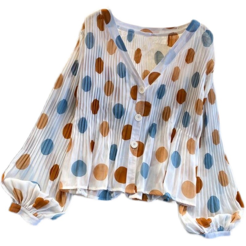 Áo Sơ Mi Chiffon Mỏng Tay Phồng Cổ Chữ V Dáng Rộng Họa Tiết Chấm Bi Xinh Xắn Cho Nữ