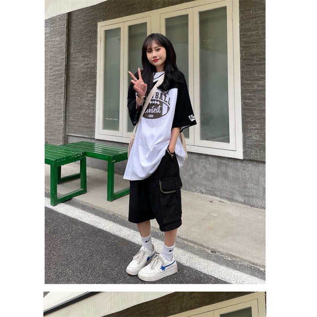 Áo thun cổ chữ V tay ngắn phối màu cổ điển họa tiết chữ phong cách châu Mỹ thời trang dáng rộng cho nữ