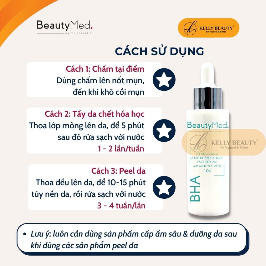 Peel Da BHA 10% BeautyMed - Giảm &amp; Ngừa Mụn; Mờ Thâm, Đều Màu Da; Tẩy Tế Bào Chết, Sạch LCL | Kelly Beauty