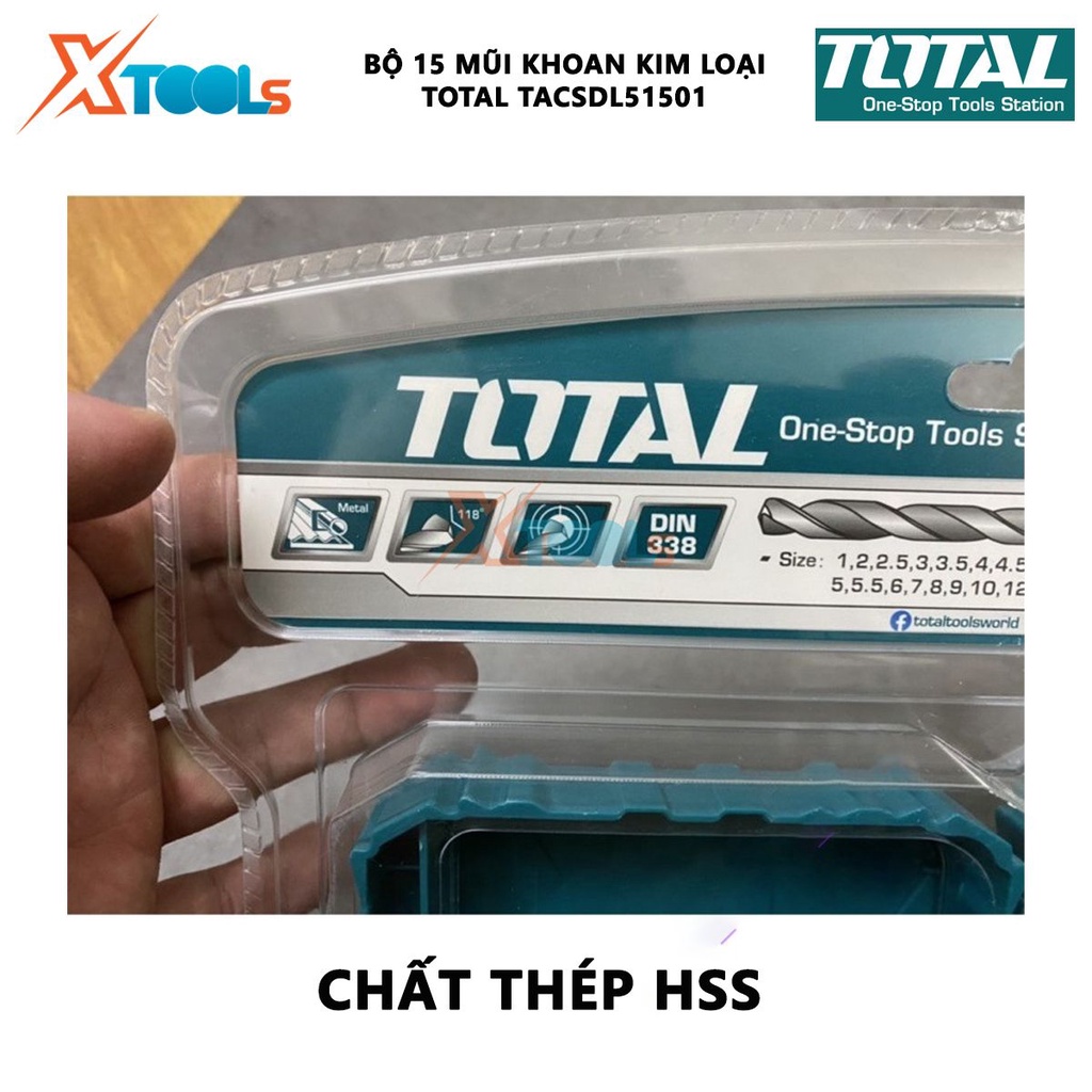 Bộ 15 mũi khoan kim loại TOTAL TACSDL51501 Combo 15 mũi khoan hss 15 mũi có kích thước từ 1-12 mm, mũi khoan hợp kim thé