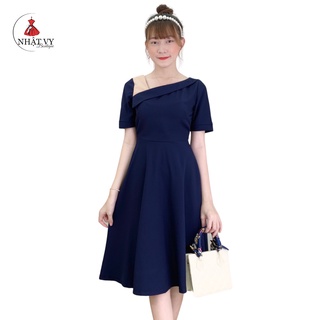Đầm Nữ NHẬT VY Tay Ngắn Chiết Eo Chất Kaki Thun Công Sở Dáng Xòe Màu Xanh - D2032