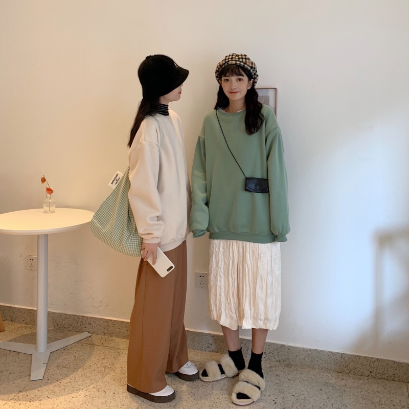 Áo Sweater Tay Dài Màu Trơn Phong Cách Hàn Quốc