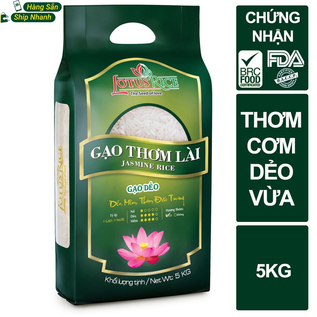 Gạo Thơm Lài thơm ngon dẻo vừa Lotus Rice 5kg - Gạo ngon sạch chuẩn xuất khẩu - An toàn thực phẩm