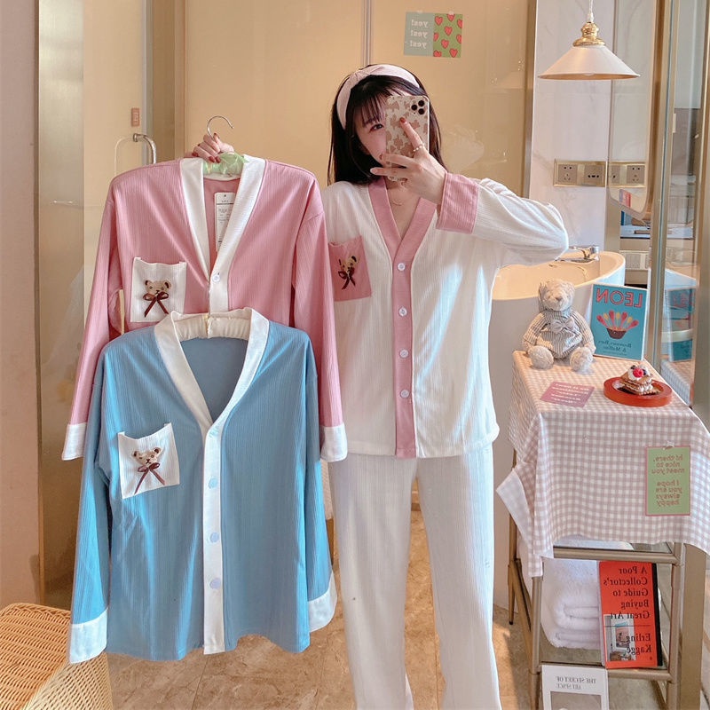 Bộ đồ ngủ tay dài phong cách Hàn Quốc thời trang xuân thu mới cho nữ