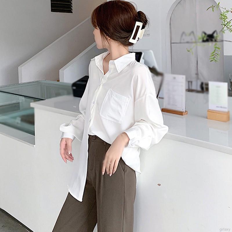 Áo Sơ Mi Nữ Tay Dài Dáng Rộng Màu Trơn Phong Cách Hàn Quốc