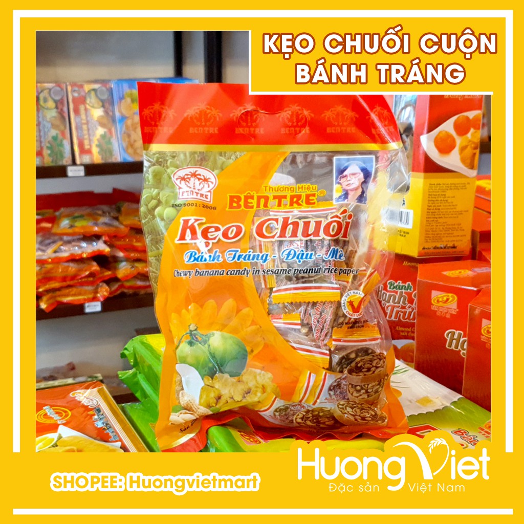 Kẹo chuối cuộn bánh tráng Bến Tre 450g, kẹo chuối cuộn bánh tráng đậu mè thương hiệu Hai tỏ Bến Tre